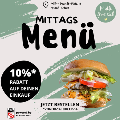 Unser Mittagsangebot: 10% auf deine Bestellung. Kaufe was leckeres zum Essen und wir geben Dir €0,50 für Deinen Lieblingsverein.