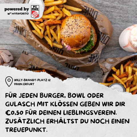 Schnapp dir einen saftigen Burger, eine gesunde Bowl oder leckeres Gulasch mit Klößen und wir geben Dir €0,50 für Deinen Lieblingsverein