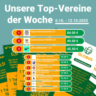 Unsere GLOBUS Erfurt-Linderbach Top-Vereine der Woche 6.10. - 12.10.2025 - Macht alle mit!