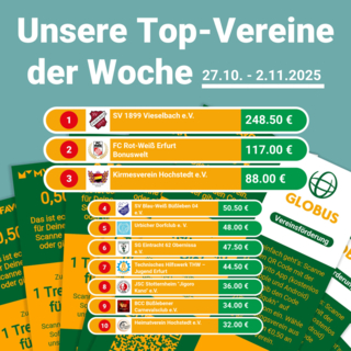 Unsere GLOBUS Erfurt-Linderbach Top-Vereine der Woche 27.10. - 2.11.2025 - Macht alle mit!